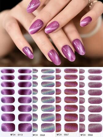 16st Cat Eye Semi Cured Gel Nail Strips, Y2K Purple Metallic Självhäftande Gel Nail Full Wraps, Salong Quality, Varar 14 Dagar, Lämplig för Damer DIY Music Festival Använd nagelklistermärken Nageltillbehör