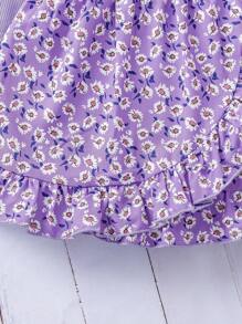 Conjunto de vacaciones para niña: Camiseta azul con estampado floral menudo con decoración floral en 3D + Falda con volantes y estampado floral menudo, estilo dulce para niñas, apropiado para actividades al aire libre y sesiones de fotos, talla 4-7 años, primavera/verano