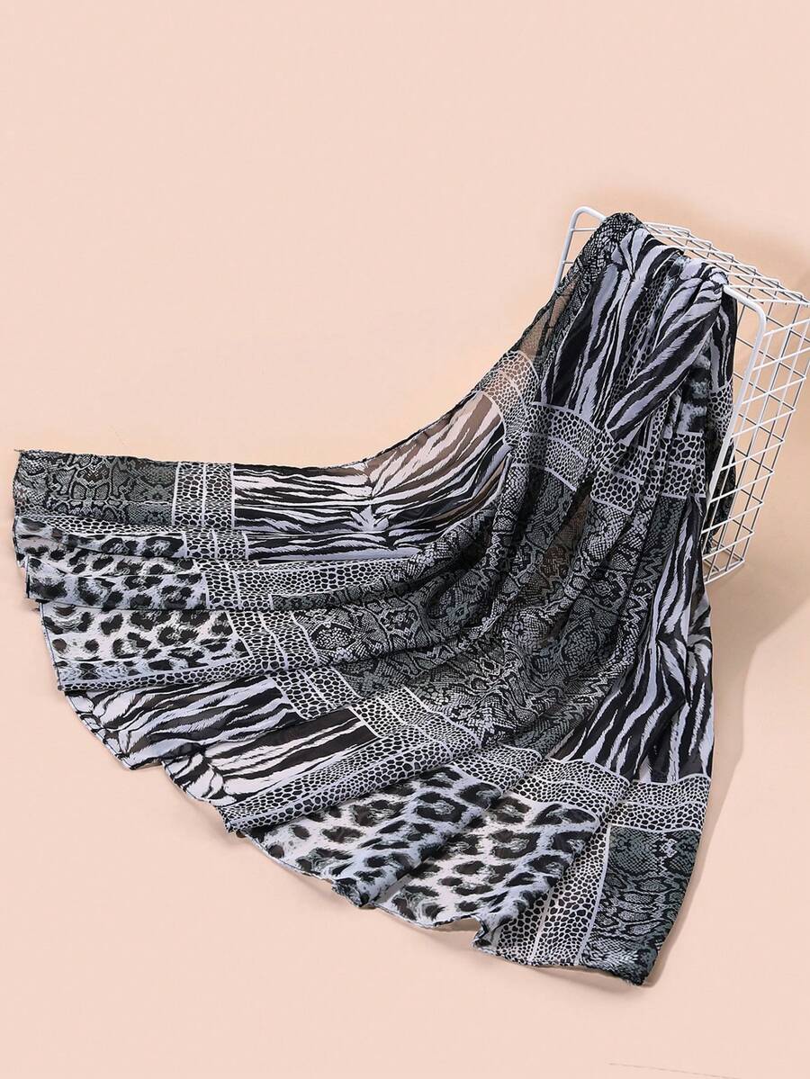 1pc Women Chiffon Leopard Print Scarf, Suitable For Everyday Use - Black and White - View 1