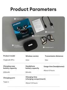 HYUNDAI Écouteurs Bluetooth HYUNDAI Vogbuds 5Pro avec assistant IA, style tour d'oreille, audio stéréo dynamique haute qualité, affichage du niveau de batterie, compagnon de conversation IA intégré, audio directionnel, annulation de bruit ENC, longue autonomie, écouteurs sans fil compatibles avec les smartphones et les ordinateurs pour les sports et les