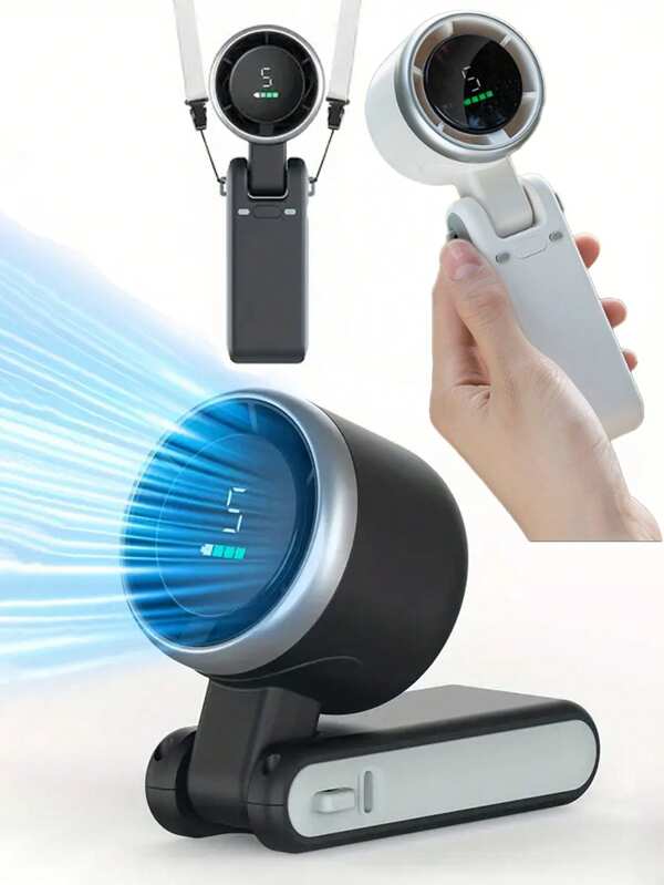 1pc Portable Handheld Turbo Fan, 3-In-1 Hand-Held Fan With Halter, Foldable Electric Fan, Air Cooler, 3600mAh Rechargeable Battery Operated Personal Fan, Pocket Fan With Lanyard, Suitable For Outdoor Sports, Camping, School, Office, Summer