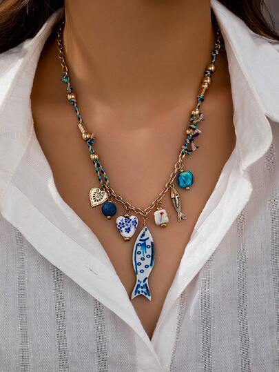 1 pieza Collar de pez hecho a mano con cuentas bohemias, colgante de pez de porcelana azul y blanco, joyería bohemia para mujer