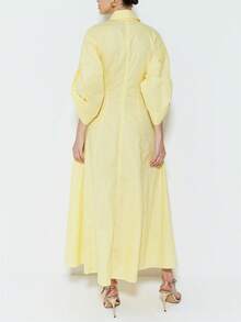 GLOURI Elegant V-Neck Maxi Dress - Long Sleeve Flared Hem Chic Dress With Lapel Collar | Summer Resort Wear For Date Nights/Tropical Vacations - Màu vàng - Xem 4