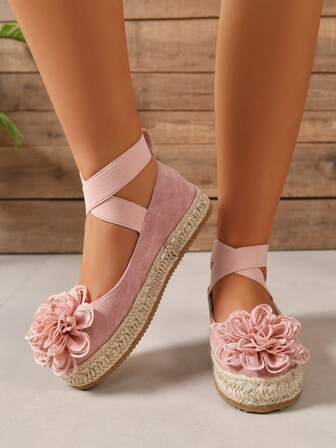女士圆头绒面休闲鞋，坡跟厚底，绳编外底，粉色运动休闲一脚蹬平底鞋，波西米亚风渔夫鞋，弹性交叉带，3D 花朵装饰，适合春、夏、秋季