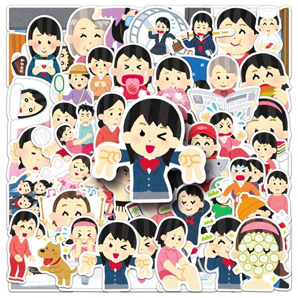 50pcs Cartoon Anime Japanese Cute Character Expressions Sticker Pack, Abstract & Whimsical Decorative Stickers For Laptop, Tablet Room Decor Wall Decor Wall Sticker Personalised Stickers