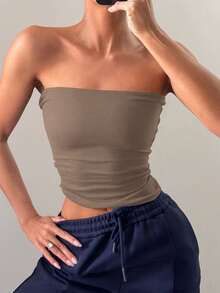 Women's Summer Sexy Strapless Basis Vest Double Layered Thickened Opaque Fashion Solid Elastic Slim Fit Tube Top For Women Four Seasons Wear - 卡其色 - 查看 11