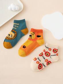 3 Pairs Cartoon Lion Pattern Children's Socks, Colorful Jacquard Knit Design, Breathable & Durable, Comfortable For All Seasons, European Size, Suitable For Everyday Wear - Multicolor - View 3