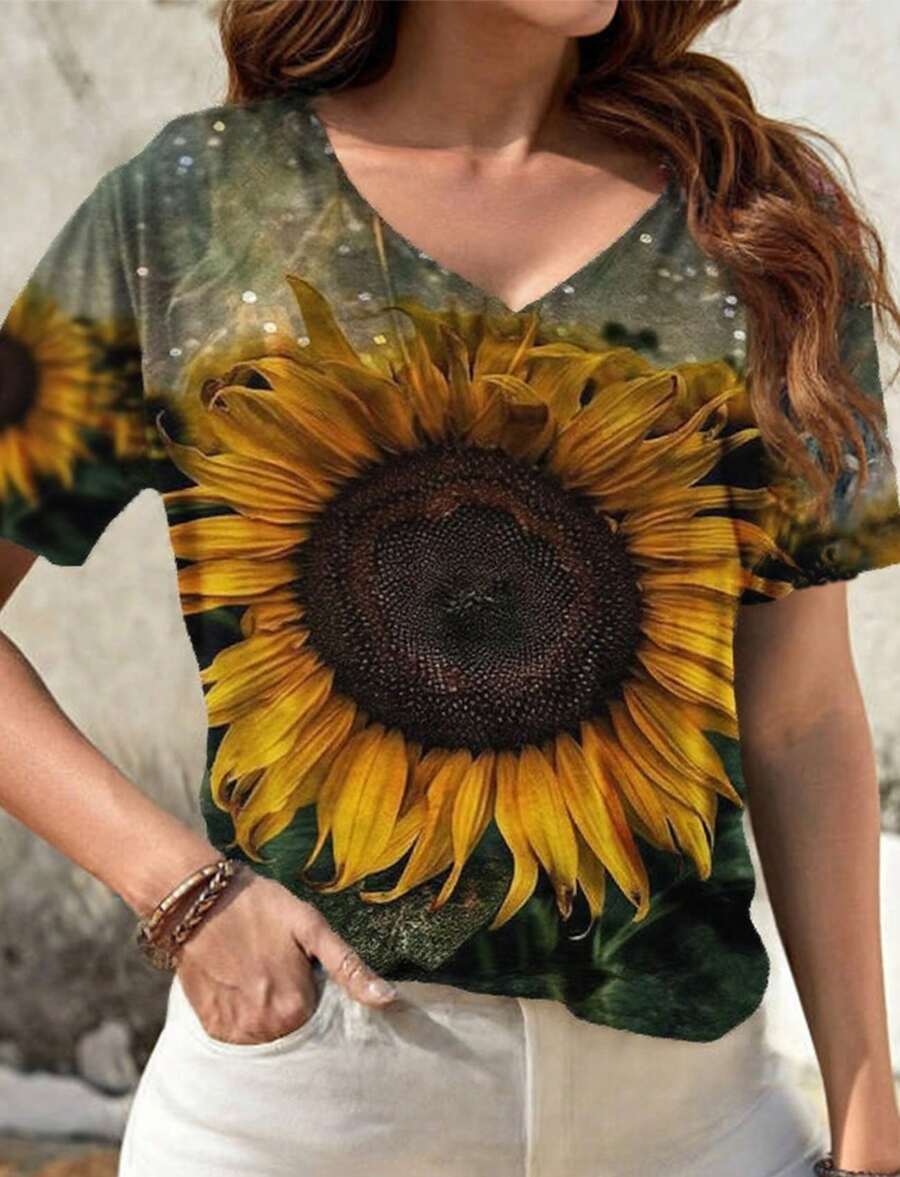 Women's Short Sleeve V Neck Summer Tee Tops T Shirt Ladies Casual Loose Blouse BOHO Printed Tops - Sunflower - View 1