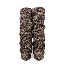 Chic Spice Girl Style, Leopard Print Pant Boots, Pointy Spliced Cuffed Sleeve Folds Ultra-High Heel Boots - Brown - View 2