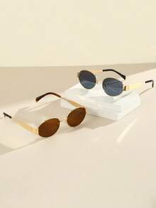 1 pieza/2 piezas Gafas de metal ovaladas personalizadas de moda vintage para mujer, accesorio con estilo - Multicolor - Ver 9