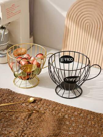 1 件铁制咖啡胶囊收纳架，现代简约黑金色咖啡杯设计，带字母“Coffee”，适用于家庭/办公室胶囊收纳、小物件/糖果架、家居装饰、咖啡店展示、摄影道具