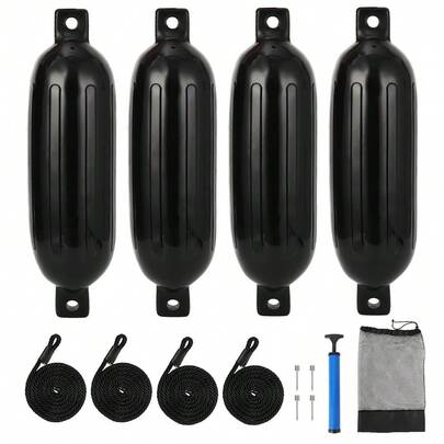4 Pack Boat Fen-Ders With 4 Ropes, 1 Air Pump And 1 Storage Bag,Inflatable Boat Bumpers For Docking, Ideal For 10-35ft Boats, Fishing Boats And Yachts, Black