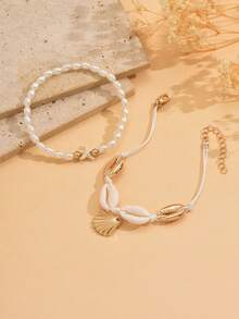 2 件套海滩度假珍珠海星串珠脚链，夏季岛屿风格贝壳编织金色金属合金贝壳吊坠女式脚饰，适合海滩、旅行、约会和日常佩戴