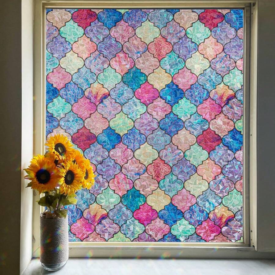 1卷复古玻璃窗隐私膜，彩虹全息窗隐私贴纸，装饰性防紫外线静电吸附窗膜，适用于家居装饰和隔热（17.7*118英寸）