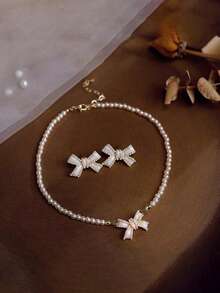 3pcs Of Exquisite Faux Pearl Bow Necklace And Earrings, Specially Designed For Women, Ideal Gift For Girlfriend On Valentine's Day - 彩色 - 查看 2