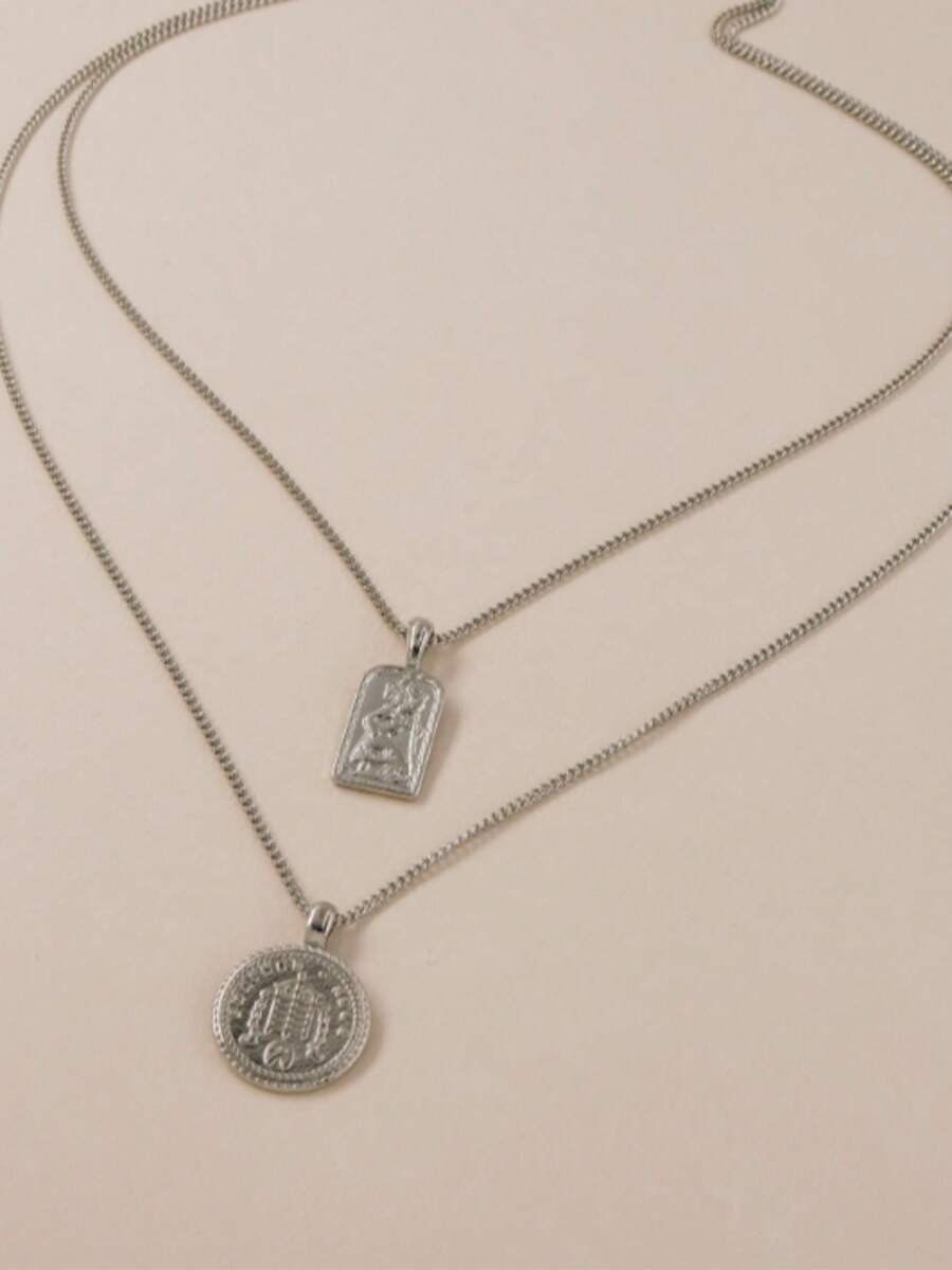 1 Pc Double-Layer Metal Coin Necklace, Suitable For Everyday Wear - Silver - View 1