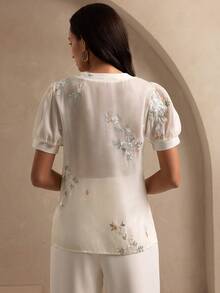 Women's Elegant Embroidered Puff Sleeve Sheer Blouse - Apricot - View 6