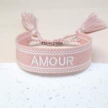 1pc Hand-Embroidered "AMOUR" Creative Handmade Woven French Style Vintage Bracelet, Suitable For Couple Gift, Holiday Gift - Baby Pink - View 4