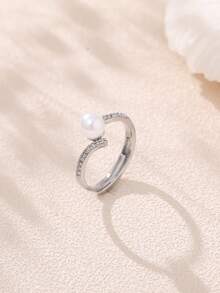 Nooxian 1pc Adjustable Women's Simple Faux Pearl & Zirconia Couple Rings - Silver - View 6