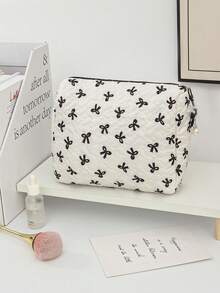 Cute Black&White Ribbon Bow Pattern Cosmetics Storage Bag Soft Fabric Makeup Bag With Detachable Bow Pendant Large Capacity Toiletry Travel Bag With Handle Portable Square Make Up Clutch Bag Fashionable Octagonal Wash Bag With Zipper Good Idea For Wedding Bridesmaid Gifts, Mom Gifts, Birthday Gifts, Valentine's Gift, Back To School Gifts, Travel Must Haves, Beach Bags For Women - White - View 15