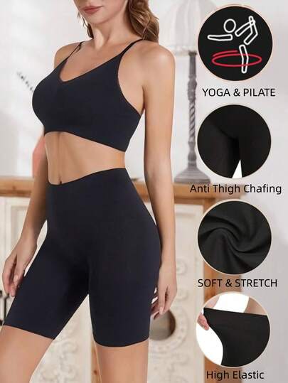 MELERIO 女士无缝吊带短裤，瑜伽基本款高腰纯色塑身大码内衣，运动健身防擦伤平角内裤，骑行短裤，健身房配件