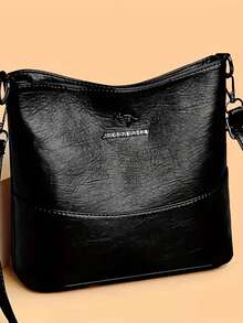 1pc Solid Color PU Leather Large Capacity Lightweight Crossbody Bag With Kangaroo Metal Decor, Versatile Daily Use For Women - Black - View 3