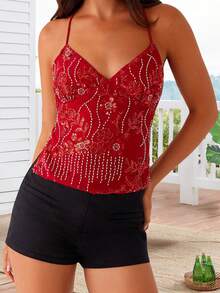 Women Y2K Sequin Cami Top V Neck Open Back Criss Cross Straps Tank Cute Sparkle Backless Low Cut Tops Going Out Streetwear - 紅色 - 查看 2