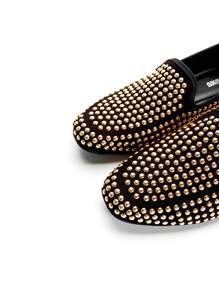 Women's Casual Slip-On Loafers, Covered With Metallic Punk-Style Studs, Breathable Fabric Upper, PU Lining And Insole, Soft Outsole, Comfortable And Durable, Square Toe, Suitable To Pair With Pants, Autumn/Winter New Arrival