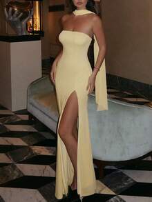 女士纯色侧开衩网眼抹胸长裙紧身优雅性感派对礼服晚会舞会，适合参加鸡尾酒会 - 黃色 - 查看 1