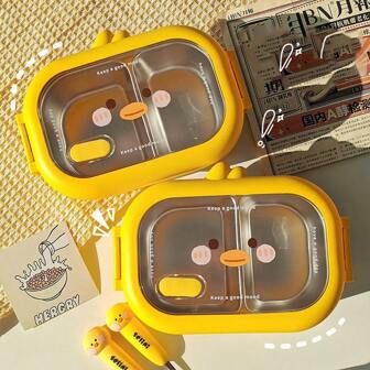 可爱卡通小黄鸭不锈钢午餐盒 - 适合户外露营野餐，也适用于学校、办公室和储物。这款保温午餐盒防锈耐热，适合户外露营野餐，学校用品