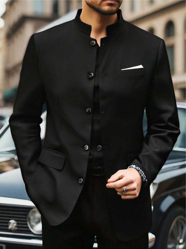 Men's Fashion Mandarin Collar Jacket, Business Suit Coat With Unopened Pockets, Suitable For Casual Outdoor Wear