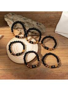 1pc English Letter Pattern Tiger Eye Stone Beaded Elastic Bracelet For Men, Old Money Initial Bracelet For Daily Use, Gift For Men - Multicolor - View 3