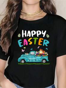Cute Cat With Bunny Ears Egg Hunting Truck Easter T-Shirt - Lightweight & Breathable Spring & Short-Sleeved Top Summer Wear - Casual Short Sleeve 100% Cotton T-Shirt For Style And Comfort - 黑色 - 查看 1