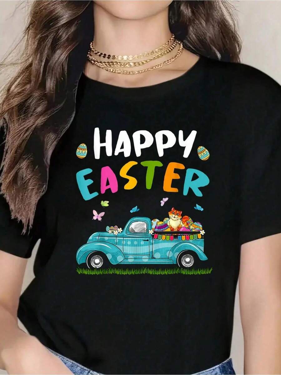 Cute Cat With Bunny Ears Egg Hunting Truck Easter T-Shirt - Lightweight & Breathable Spring & Short-Sleeved Top Summer Wear - Casual Short Sleeve 100% Cotton T-Shirt For Style And Comfort - 黑色 - 查看 1