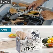 Estante de utensilios de cocina de madera rústica, caja de almacenamiento de 1 pieza con 3 compartimentos, organizador para encimera y pared, hecho de madera, accesorios de cocina, para cocinar, comer, herramientas de hornear, almacenamiento de utensilios de cocina, decoración de la habitación, adecuado para cocina, restaurante, fiesta, campamento, exterior, reunión, regalo para amigos, regalo familiar - Multicolor - Ver 11