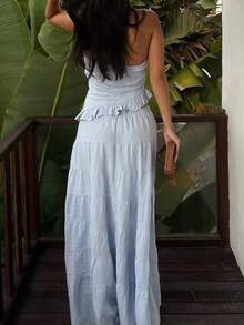 Women's Summer Casual 2 Piece Skirt Outfits Halter Neck Ruffle Trim Tops Long Flowy Skirt Set - 藍色 - 查看 6