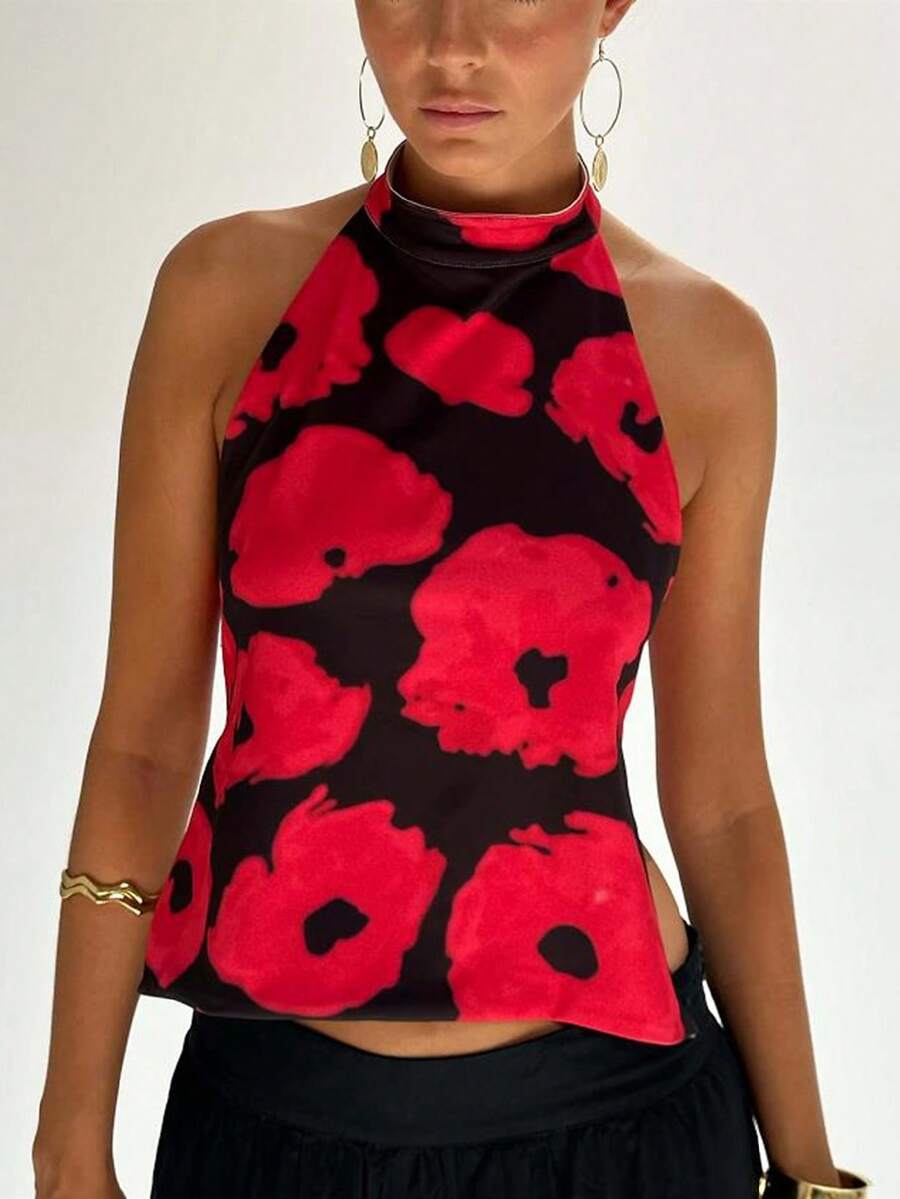 Women Y2k Floral Tie Top Coquette Boho Bow Backless Sleeveless Tank Top Summer Going Out Cami Top Fairy Streetwear - 紅色 - 查看 1
