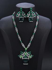 1 Set Of 3pcs Luxurious Cubic Zirconia Flower Design Necklace And Earrings Set, Fashionable Personalized Long Necklace Matching Dress Accessories, Holiday Birthday Valentine's Day Jewelry Gift - Deluxe Suit - View 5