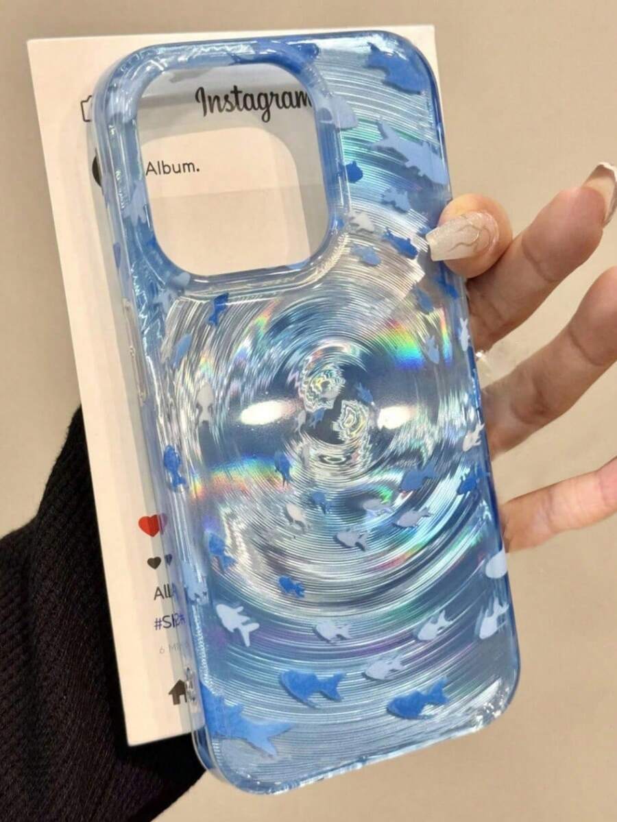 INS 时尚鱼水波纹蓝色海洋漩涡图案手机壳兼容 iPhone 14 15 16 Pro Max 夏季柔软闪光后盖