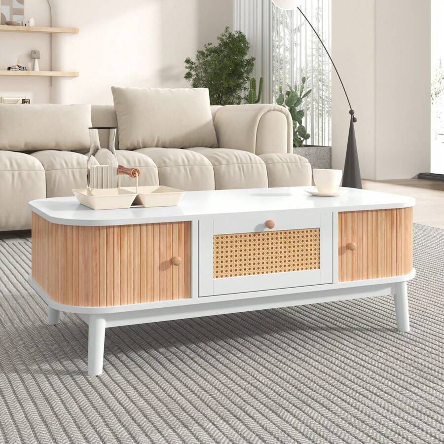 Table basse 110 x 55 x 38,5 cm en rotin et bois massif, portes artisanales, rangement pratique - Blanc - Voir 1