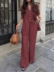 女士休闲通勤条纹夹克、裤子、背心三件套西装套装，春夏