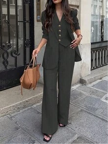 女士休闲通勤条纹夹克、裤子、背心三件套西装套装，春夏 - 黑色 - 查看 5