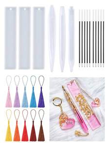 26pcs Transparent Pen & Bookmark Silicone Mold Set Epoxy Resin Casting Molds, DIY Crystal Handmade Stationery Craft Supplies, Hybrid Shape Pens Mould With Tassel & Charm Decor - Style - View 2