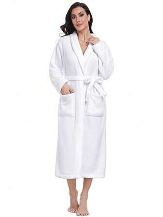 1pc Fashion White Ladie's Wearable Bathrobe, Flannel V-Neck Loose Long Robe, Soft Solid-Color Flannel Elegant Long Sleeve Casual Wear, Long Sleeve Bathrobe, Soft & Comfortable Sleepwear Suitable For Autumn/Winter Bathing & SwimmingSummer Wedding Home Bathroom Decor Back To School