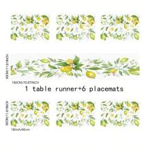 1pc/5pcs/7pcs, Home Decor, Summer Style Lemon Pattern Polyester Printed Table Runner With 6 Placemats - Polyester, Rectangle, Holiday Decorative Fabric Table Runner, Home Decor, Kitchen & Dining Table Decoration, Room Decor, Table Runner
