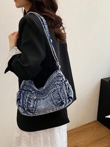 休閒時尚軟牛仔布多層斜挎包，多口袋設計，大容量百搭通勤女款單肩包，適合牛仔女孩 - 藍色 - 查看 5