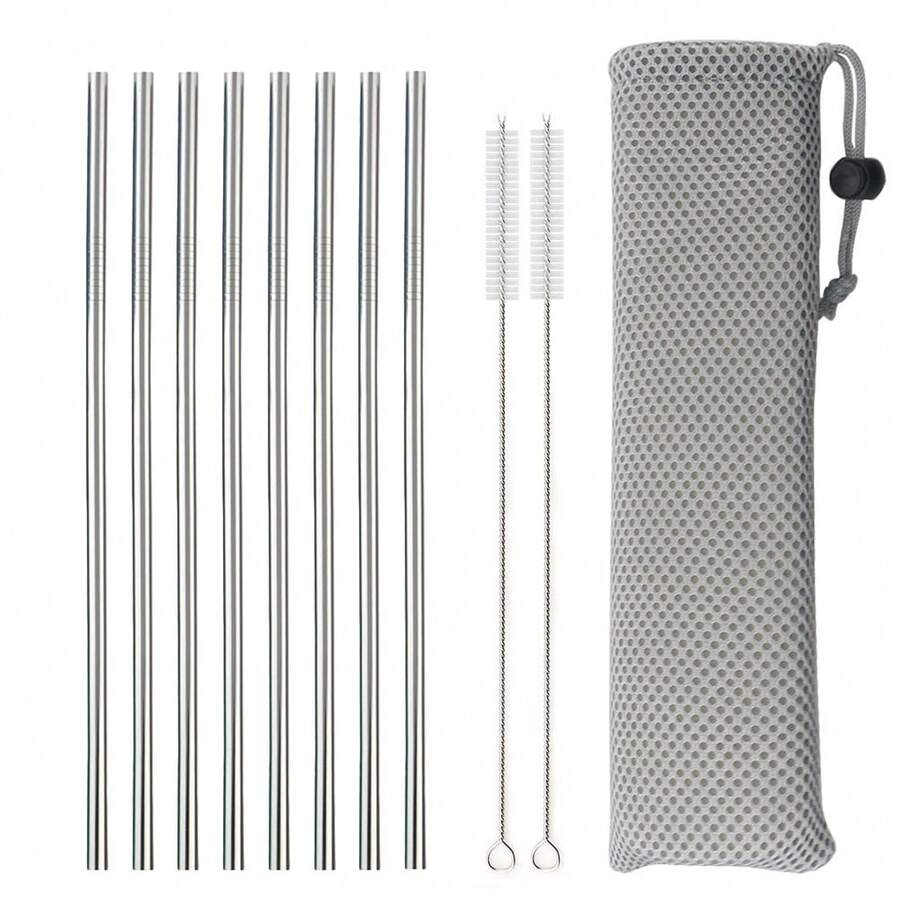 不锈钢吸管套装 饮料 咖啡 奶茶 酒吧吸管 直吸管 学校用品 - 銀色 - 查看 1