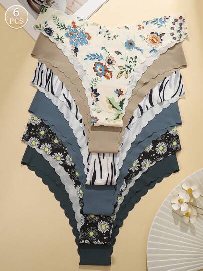 6pcs/Pack Women's Seamless Underwear, Breathable Material Wavy Waistband, Leg Print, Comfortable Ladies Seamless Briefs