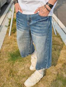 Herren Lockere einfarbige Lässig Denim Caprihose - Dunkle Waschung - Übersicht 5