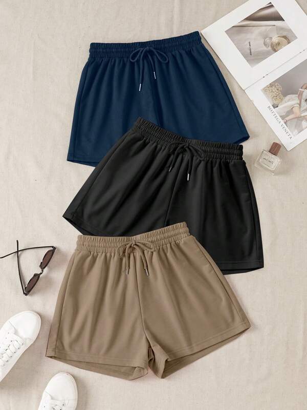 3 paquets de shorts de sport décontractés à taille élastique unie avec nœud, parfaits pour l'été